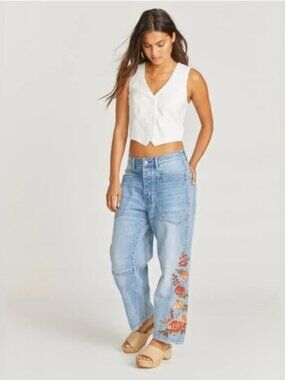 Driftwood Barbara Barrel Women's New Jeans with Floral Embroidery, Size 10